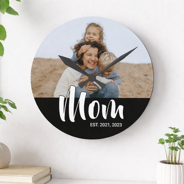 Mum Established Modern White Script Photo Round Clock (Mom Established Modern White Script Photo Round Clock)