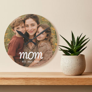 Mum Established Modern White Script Photo Round Clock
