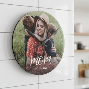 Mum Established Modern White Script Photo Round Clock