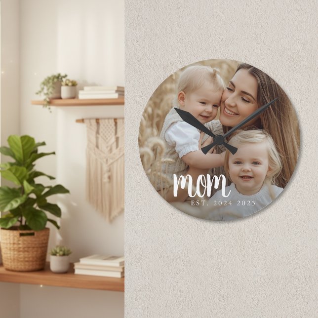 Mum Established Modern White Script Photo Round Clock (modern white script photo mom established year date kids picture mothers day gift for new mama)