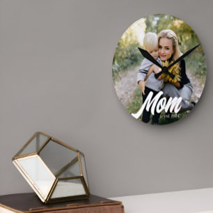 Mum Established Modern White Script Photo Round Clock