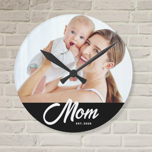 Mum Established Modern White Script Photo Round Clock