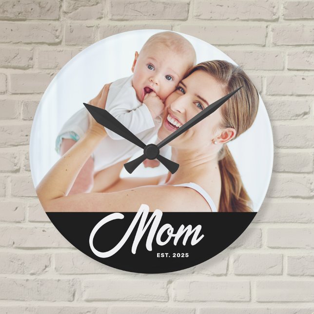 Mum Established Modern White Script Photo Round Clock (Creator Uploaded)