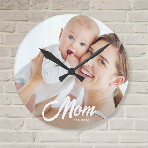 Mum Established Modern White Script Photo Round Clock