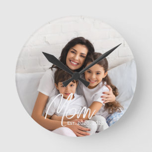 Mum Established Modern White Script Photo Round Clock