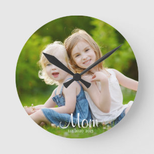 Mum Established Modern White Script Photo Round Clock