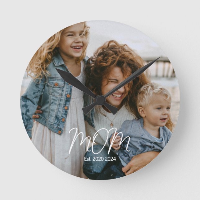 Mum Established Modern White Script Photo Round Clock (Front)