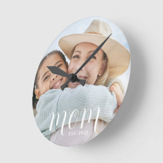 Mum Established Modern White Script Photo Round Clock