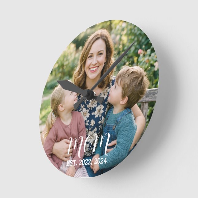 Mum Established Modern White Script Photo  Round Clock (Angle)