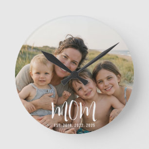Mum Established Modern White Script Photo Round Clock