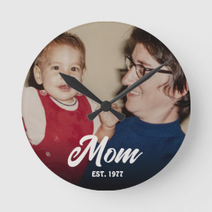 Mum Established Modern White Script Photo Round Clock