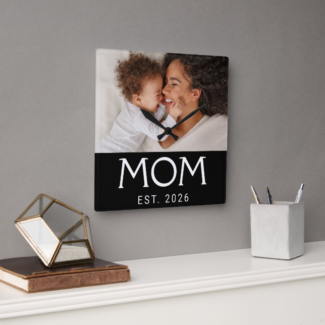 Mum Established Modern White Typography Photo Square Wall Clock (Office)