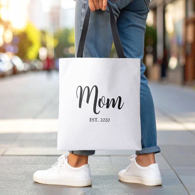 Mum Established New Mum Gift Tote Bag (Elegant Mom established black script tote bag gift)