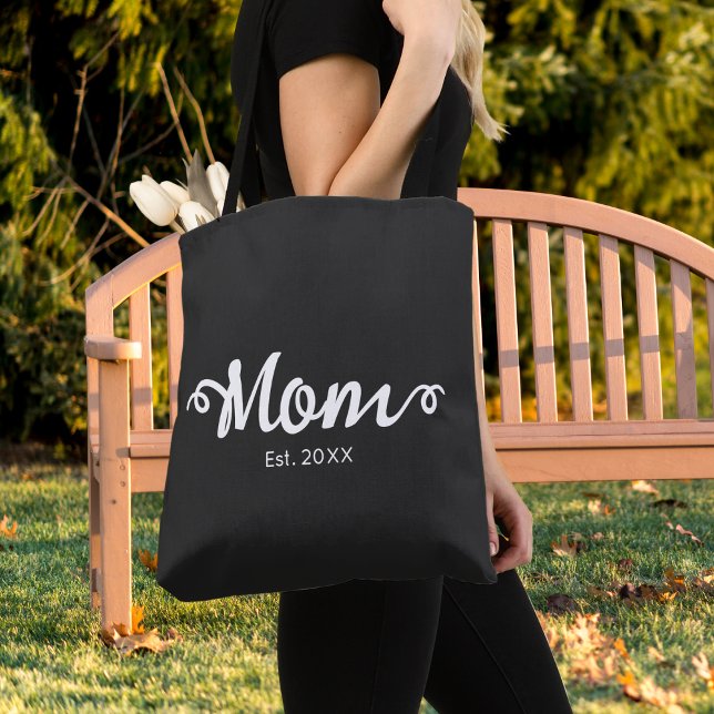 Mum Established New Mum Gift Tote Bag (Mom Established New Mom Gift Tote Bag in Black with White Script Text, Est Date.)