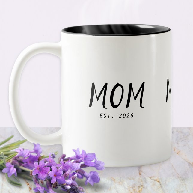 Mum Established New Mum Gift Two-Tone Coffee Mug (A two-tone coffee mug with "Mom Est. 2026" in black text on white)