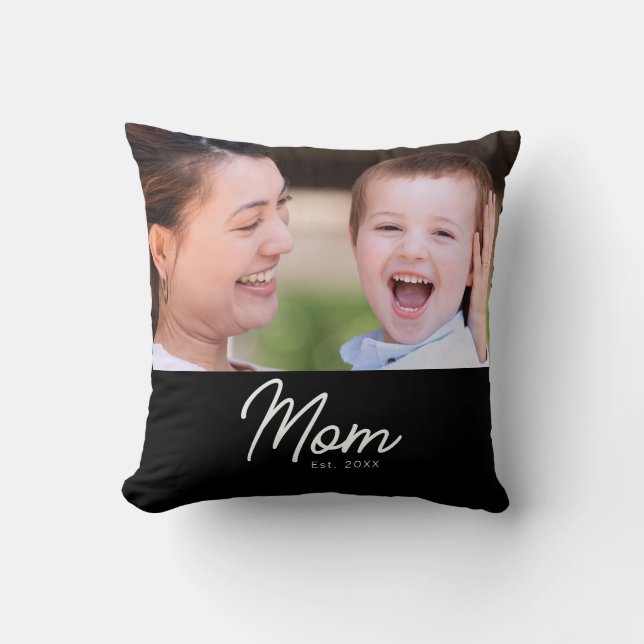 Mum Established Photo Black Script Minimal Elegant Cushion (Front)
