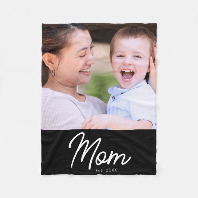 Mum Established Photo Black Script Minimal Elegant Fleece Blanket (Front)