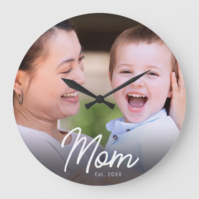 Mum Established Photo Black Script Minimal Elegant Large Clock (Front)