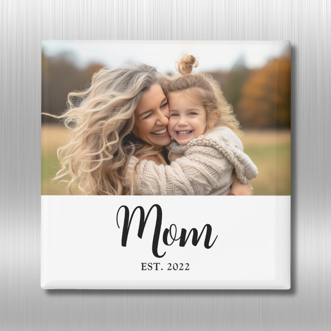 Mum Established Photo Gift Magnet (Mom established fridge magnet with elegant personalizable black script and customizable photo)