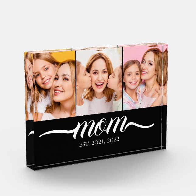 Mum Established Script Black 3 Photo Collage Block (Left)