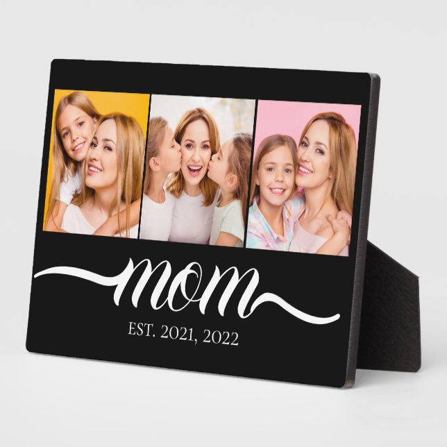 Mum Established Script Black 3 Photo Collage Plaque (Side)