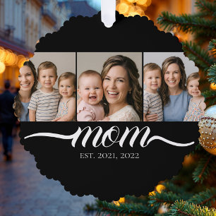 Mum Established Script Black 3 Photo Collage Tree Decoration Card