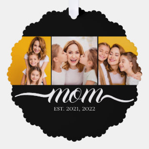 Mum Established Script Black 3 Photo Collage Tree Decoration Card