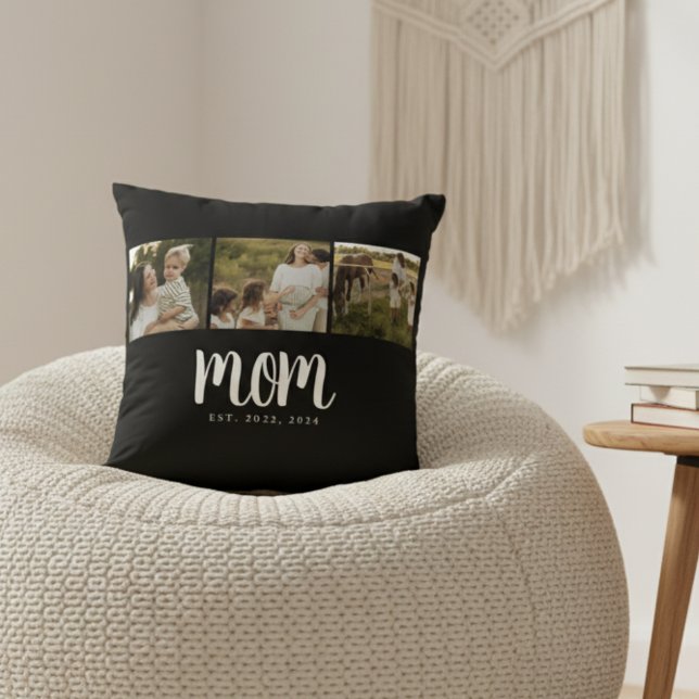 Mum Established Script Black 3 Photo Cushion (modern 3 photo black and white script mom established pillow gift for mom mother's day christmas)