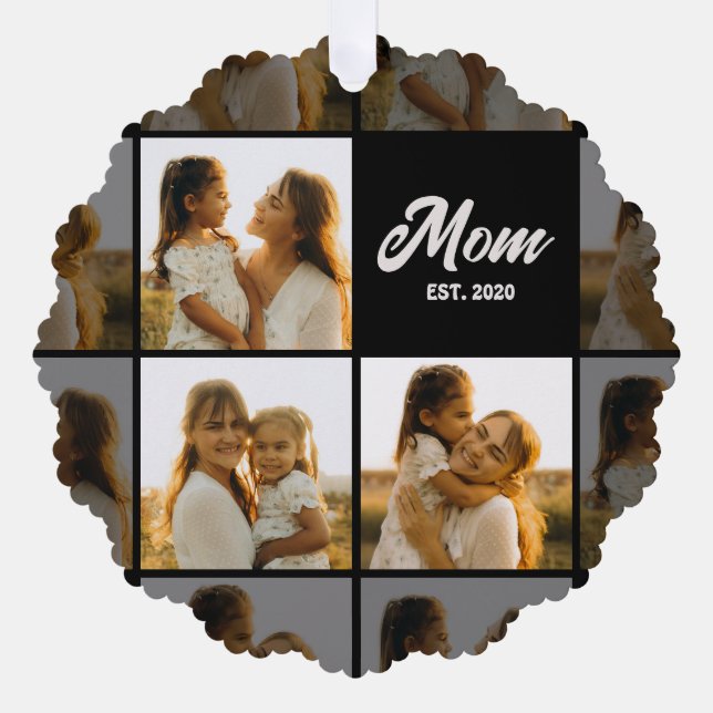 Mum Established Script Black 3 Photo Grid Tree Decoration Card (Front)