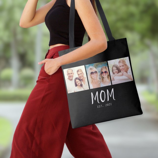 Mum Established Script Black 3 Photo Tote Bag (A stylish tote bag with three photos and customizable "Mom Est. 2021" text in white on black)