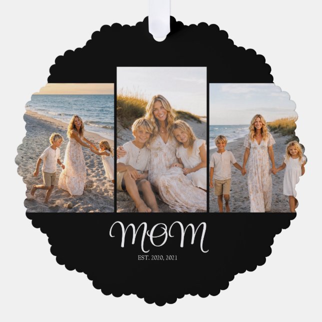 Mum Established Script Black 3 Photo Tree Decoration Card (Front)