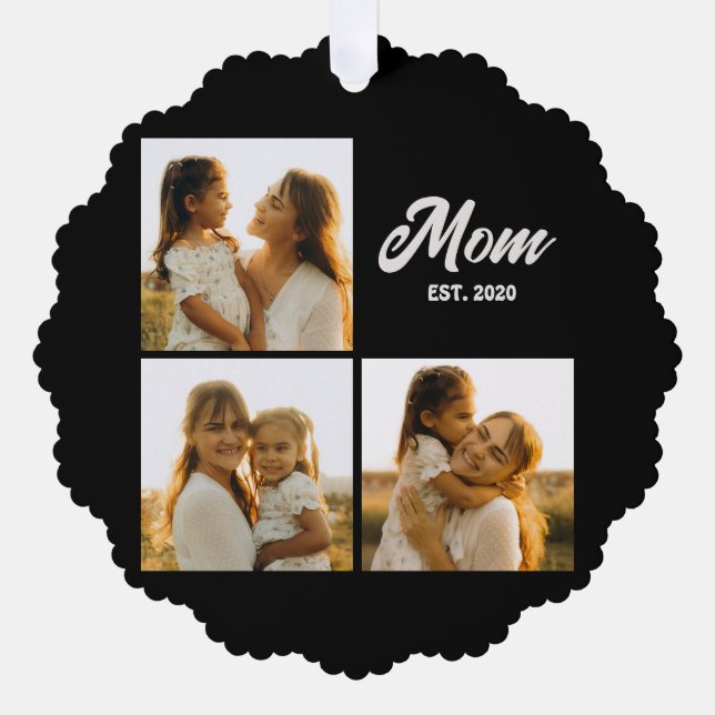 Mum Established Script Black 3 Photo Tree Decoration Card (Front)