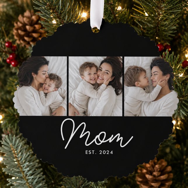 Mum Established Script Black 3 Photo Tree Decoration Card (Creator Uploaded)