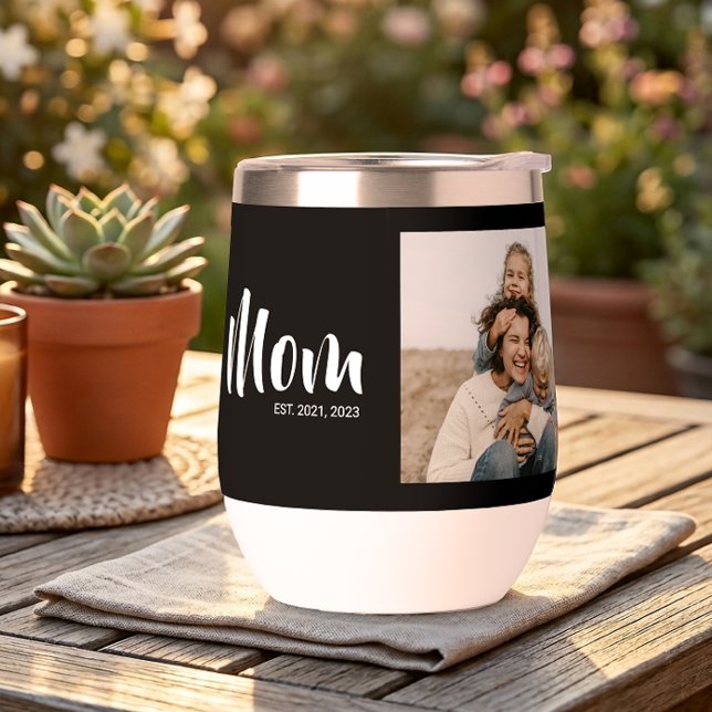 Mum Established Script Black Photo (Mom Established Photo Mother's Day Gift Wine Tumbler)