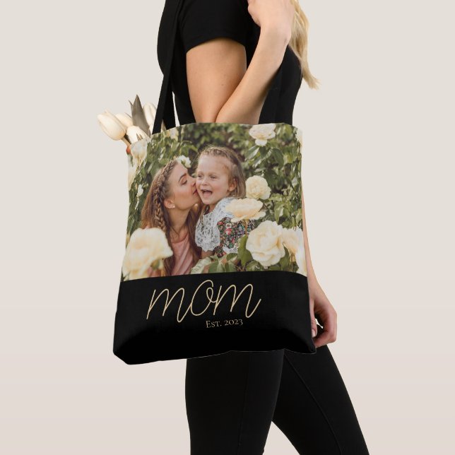 Mum Established Script Black Photo Tote Bag (Close Up)