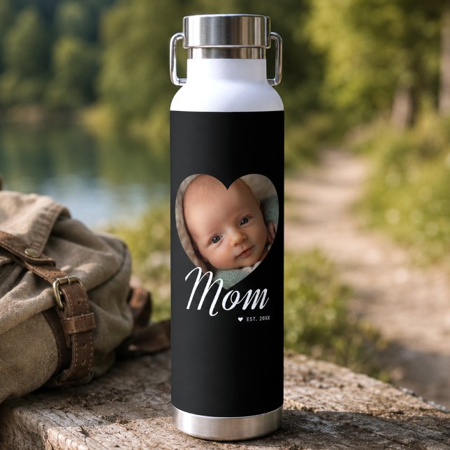 Mum Established Script Heart Photo Black Insulated Water Bottle (Creator Uploaded)