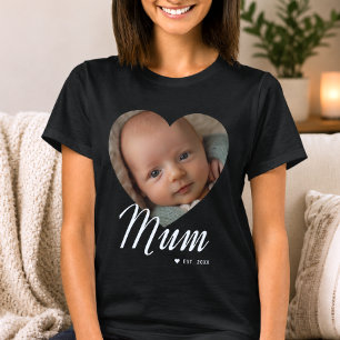 Mum Established Script Heart Photo Black T-Shirt