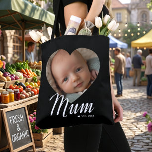 Mum Established Script Heart Photo Black Tote Bag
