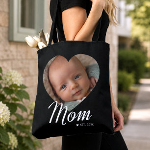 Mum Established Script Heart Photo Black Tote Bag