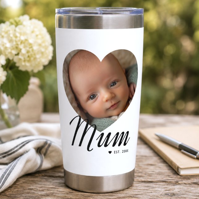 Mum Established Script Heart Photo White Insulated Tumbler (Creator Uploaded)