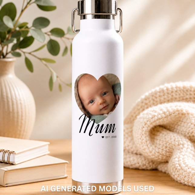 Mum Established Script Heart Photo White Insulated Water Bottle (Creator Uploaded)
