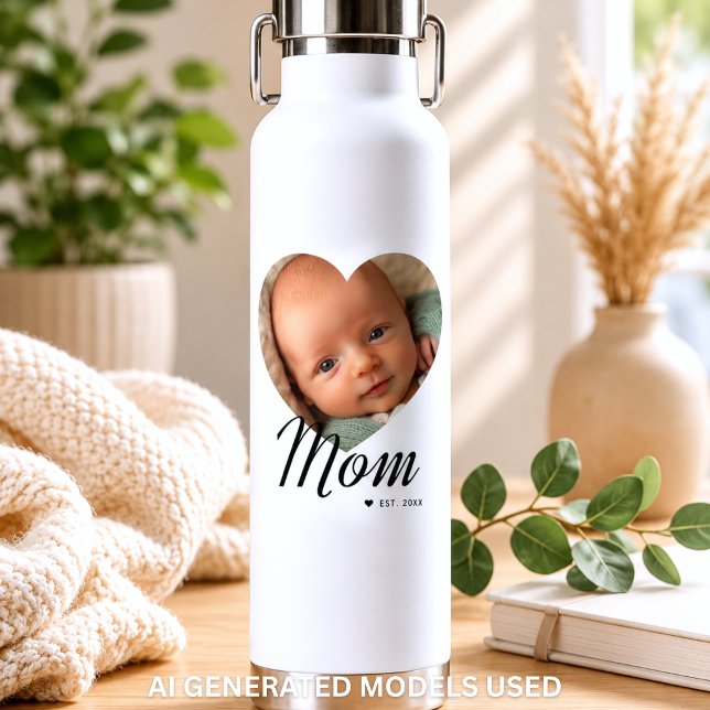 Mum Established Script Heart Photo White Insulated Water Bottle (Mom Established Script Heart Photo White Insulated Water Bottle)