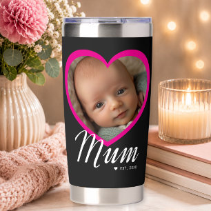 Mum Established Script Pink Heart Photo Black Insulated Tumbler