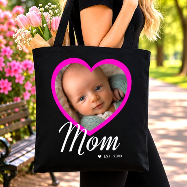 Mum Established Script Pink Heart Photo Black Tote Bag (Creator Uploaded)