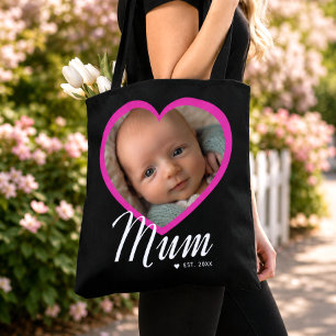 Mum Established Script Pink Heart Photo Black Tote Bag