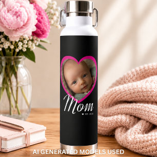 Mum Established Script Pink Heart Photo Black Water Bottle
