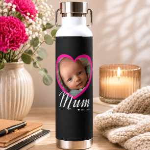 Mum Established Script Pink Heart Photo Black Water Bottle