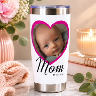 Mum Established Script Pink Heart Photo White Insulated Tumbler