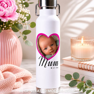 Mum Established Script Pink Heart Photo White Water Bottle