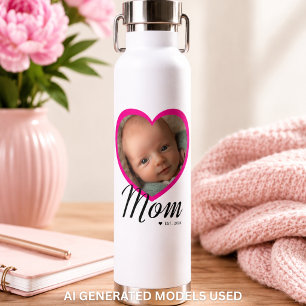 Mum Established Script Pink Heart Photo White Water Bottle